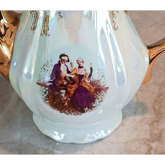 GNA Fine Porcelain 8.5" Tea Pot GOLD Hand Painted Victorian Courtship Iridescent - Picture 5 of 16